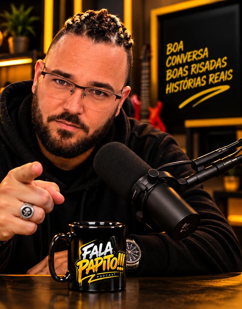 Victor San Joan, o Papito, apontando para a câmera no estúdio